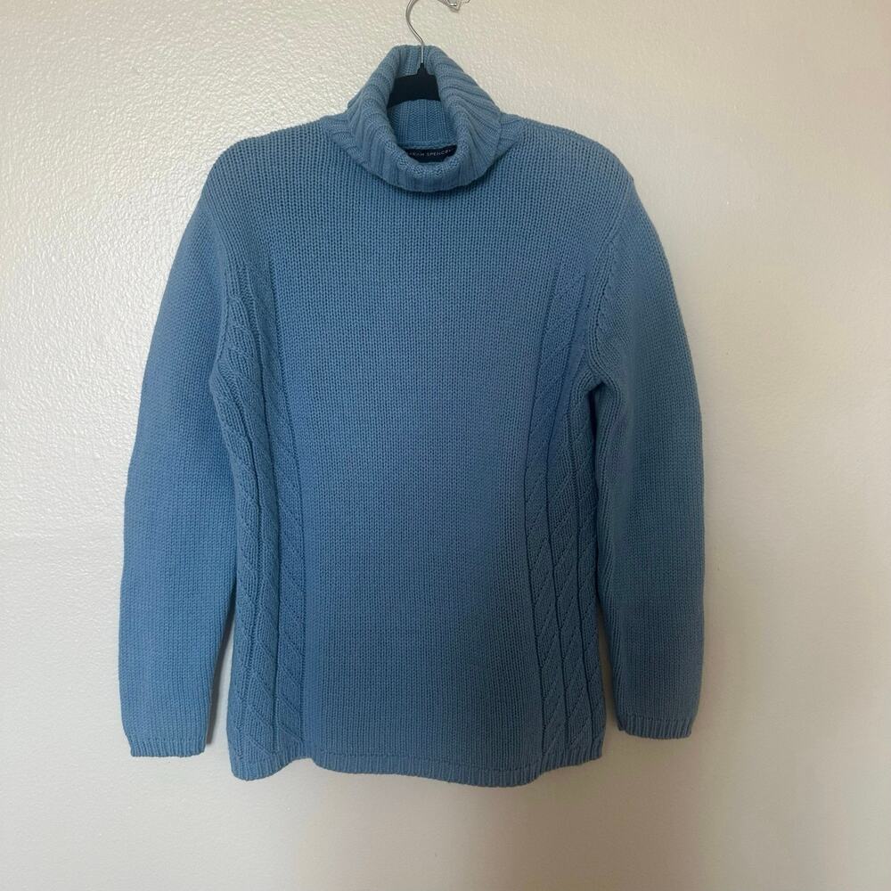 Sarah Spencer Vintage Lambswool Cowl Neck Sweater Blue Medium Chunky Knit Warm